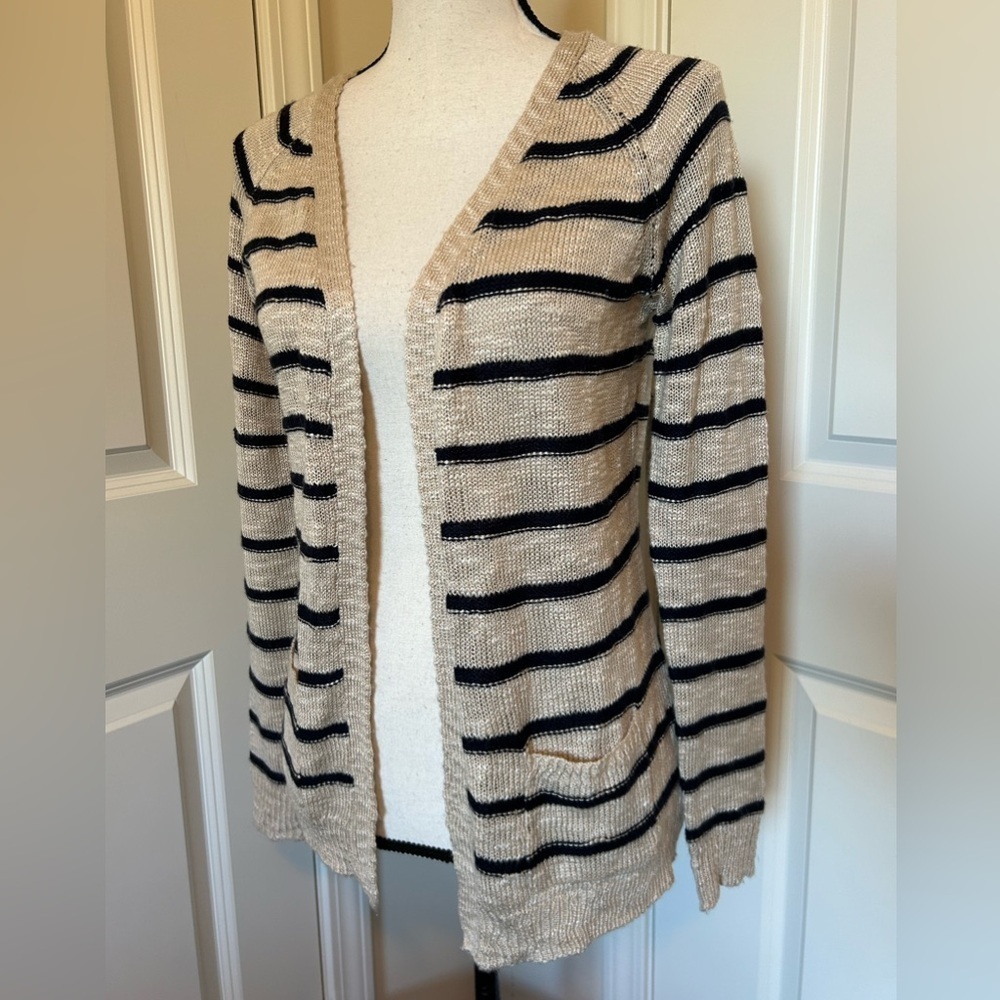 Pink Rose beige, and navy blue stripes, open cardigan with pockets